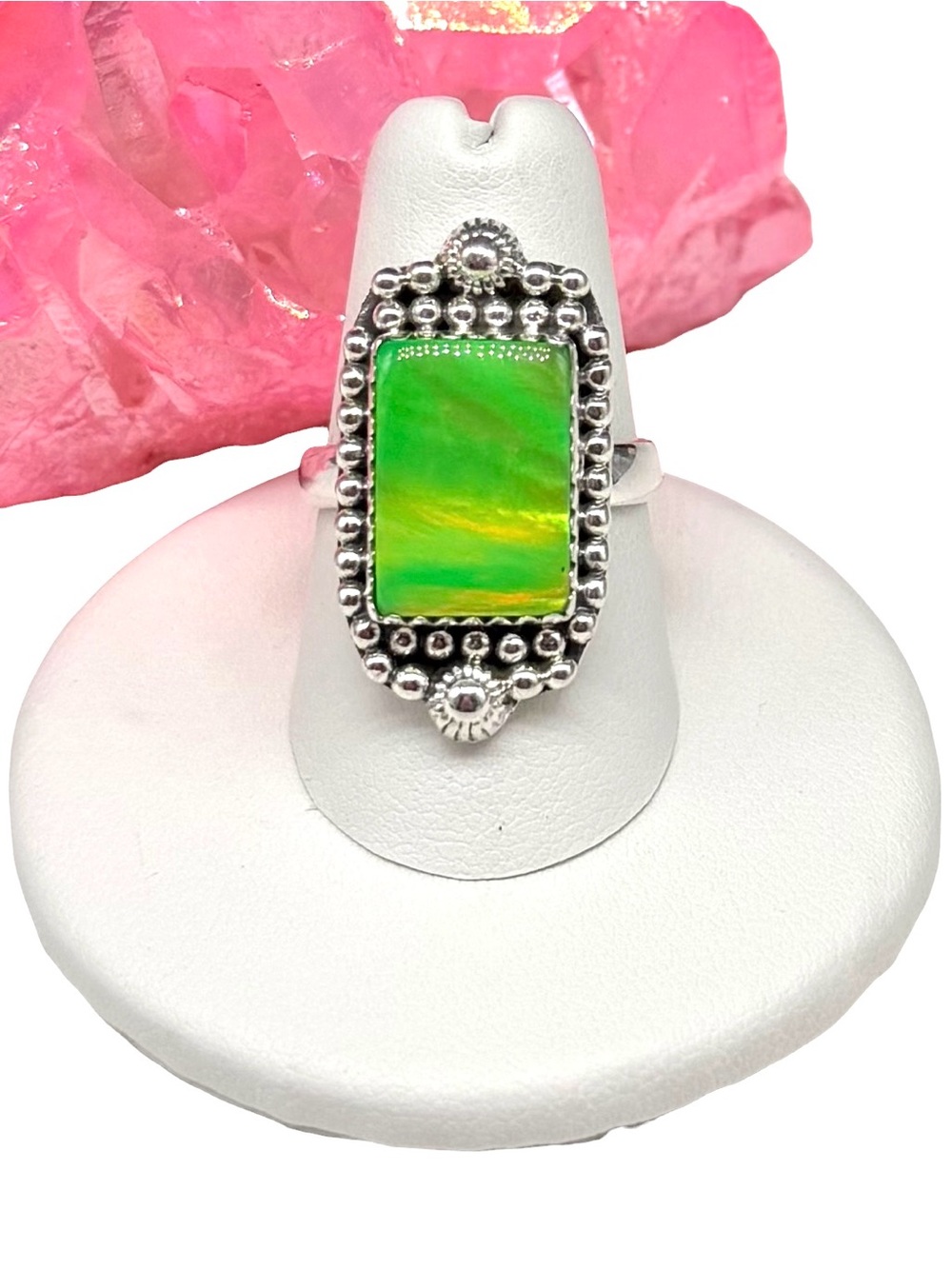 Aurora Fire Opal Ring Size 8 Solid 925 Sterling Silver Aura Lime Green